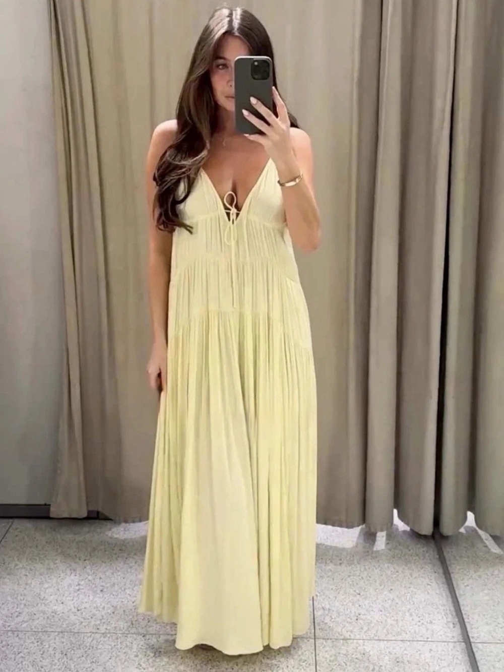 Zara Pale Yellow Pleated V-Neck Maxi Dress